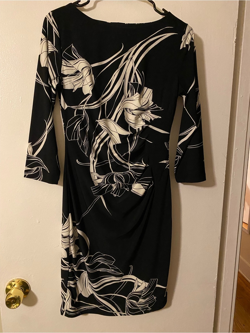 Anne Klein Black Dress with White Floral Print, Three-Quarter Sleeves
